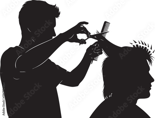Black silhouette of barber cutting man's hair with scissors and comb
