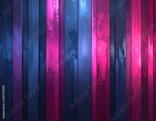 Vertical planks of wood are highlighted with pink and blue light