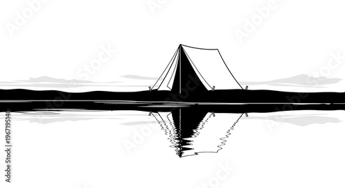 Monochrome Tent Reflection: A Serene Campsite Scene.