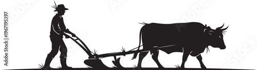 Black silhouette of man plowing with ox bull