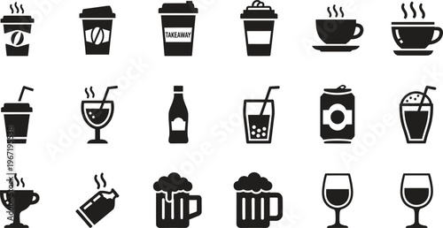 Black silhouettes of various drinks and cups on white background