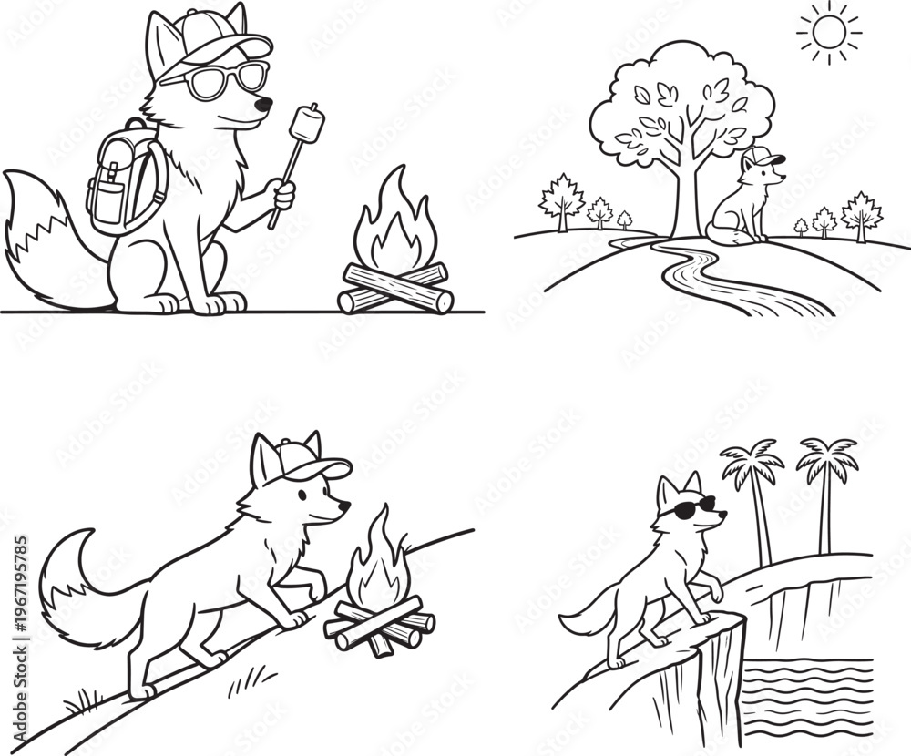 Fototapeta premium Whimsical Hand-Drawn Fox Character Illustration Set Featuring a Cute Fox Wearing a Baseball Cap and Sunglasses Exploring Nature, Hiking, and Resting Under Trees - Minimalist Black and White Line Art