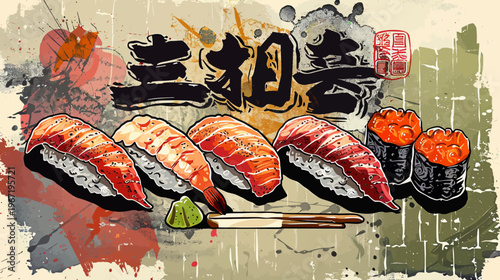 Artistic sushi nigiri illustration with japanese calligraphy and wasabi