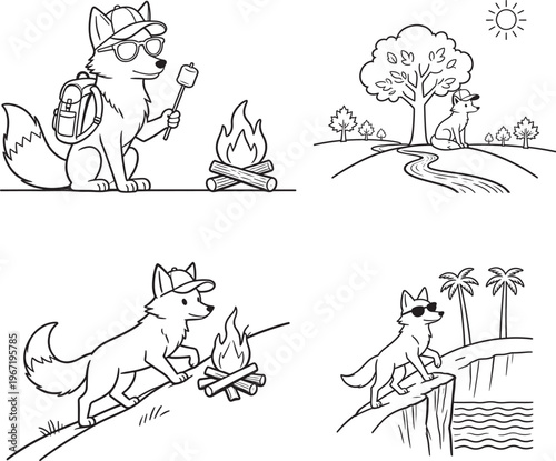 Whimsical Hand-Drawn Fox Character Illustration Set Featuring a Cute Fox Wearing a Baseball Cap and Sunglasses Exploring Nature, Hiking, and Resting Under Trees - Minimalist Black and White Line Art