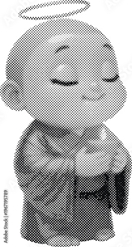 A smiling cute cartoon baby monk with a halo and looking down with eyes closed standing alone