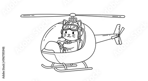 A cute cartoon cat wearing a pilot's helmet and goggles, happily piloting a helicopter.