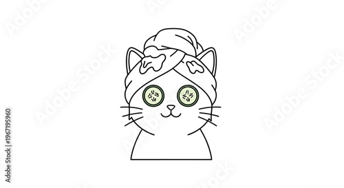 A cute cartoon cat wearing a towel on its head and cucumber slices on its eyes, looking relaxed and pampered.