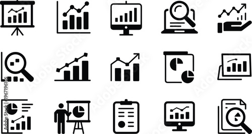 Business analytics and data visualization icons set, charts, graphs, statistics, report, dashboard, growth analysis, financial performance, modern solid illustration