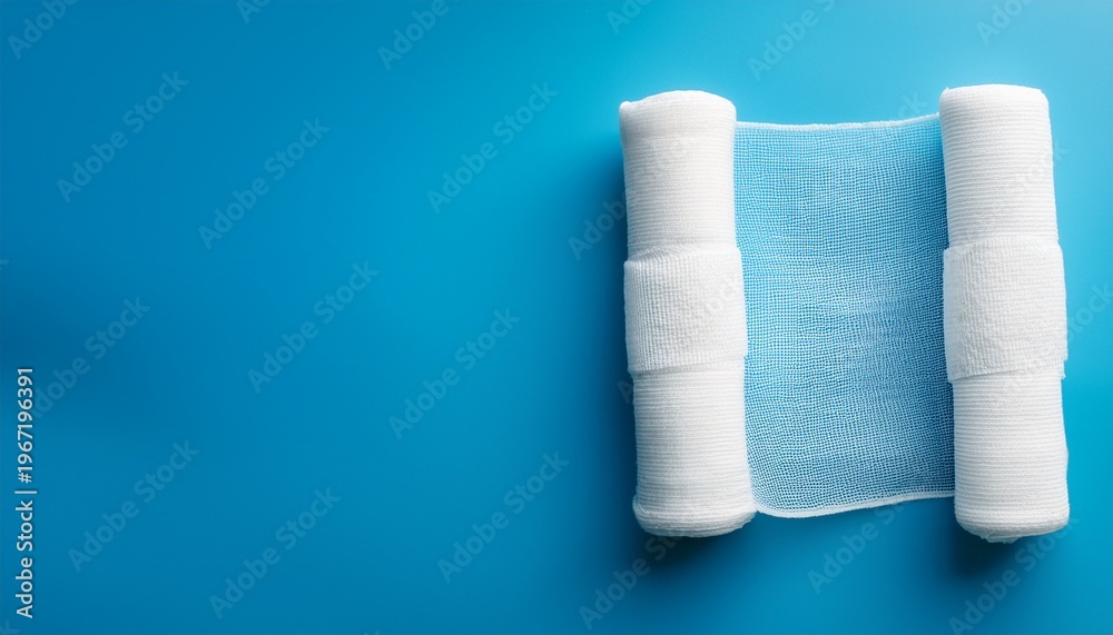 Obraz premium first aid injury protecting wrapping and wound dressing concept clean cotton gauze bandage isolated on blue background with copy space