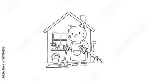 A cute cartoon cat wearing an apron and holding a dustpan and brush, standing in front of a house with a broom.