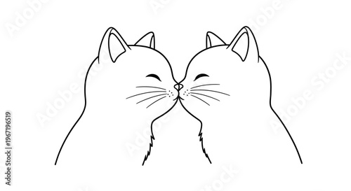 Two adorable cartoon cats sharing a sweet kiss, with their eyes closed and noses touching in a moment of affection.