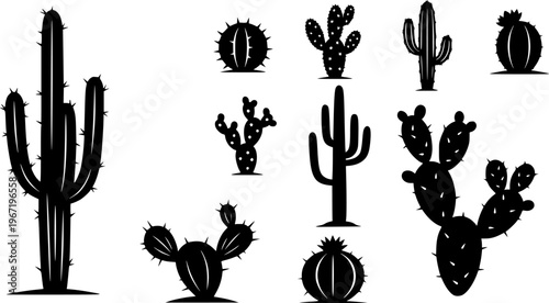 Desert nature and botanical landscape icon set featuring simple black silhouettes of various cacti species including saguaro and prickly pear – Black and White Vector Illustration