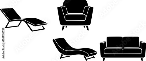 Modern furniture and outdoor relaxation icon set featuring four simple black silhouettes of minimalist lounge chairs – Black and White Vector Illustration