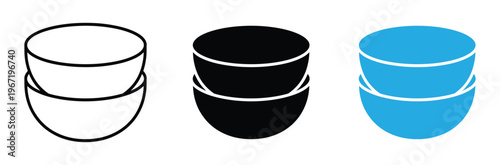 Set of Stacked Bowls Icons in Outline, Solid Black, and Flat Blue Styles for Kitchen and Food Design.Three colorful bucket icons in white black and blue for business or construction use