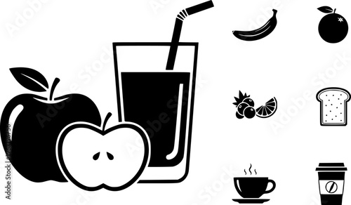 Healthy breakfast and organic fruit beverage icon set featuring simple black silhouettes of fresh apples and a glass of juice – Black and White Vector Illustration
