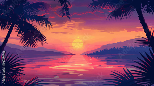 Vibrant sunset landscape with palm trees over reflective ocean waters