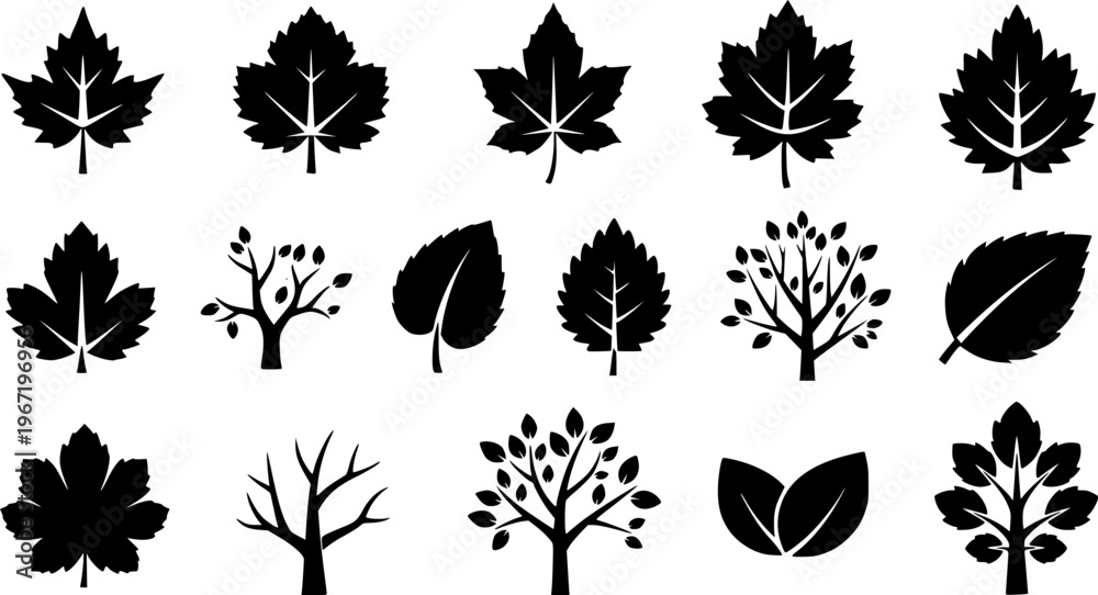 Naklejka premium A vector illustration featuring a diverse icon set of leaves and tree branches. Simple, clean line art showcases black silhouettes and green organic foliage, isolated for an eco-friendly design. – Bla