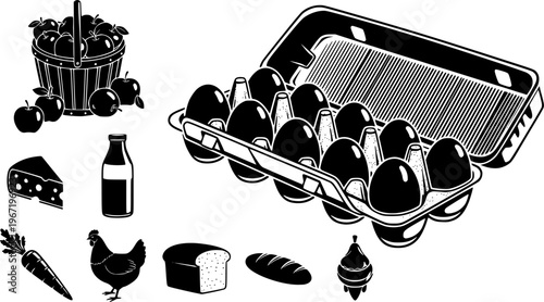 Grocery and farm food icon set featuring simple black silhouettes of cardboard egg cartons with a dozen eggs – Black and White Vector Illustration
