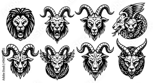 Collection of Mythical and Zodiac Animal Head Illustrations.