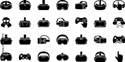 Virtual reality and gaming technology icon set featuring simple black silhouettes of VR headsets in a square arrangement – Black and White Vector Illustration