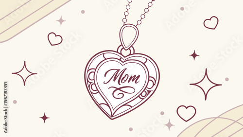 Vector illustration of heart pendant with Mom text and flowers. Mothers Day greeting design for card, banner, jewelry concept, romantic love, and appreciation celebration.
