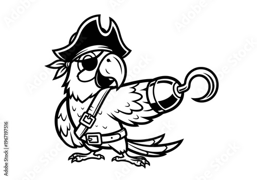Cartoon Pirate Parrot with Hook and Eyepatch.