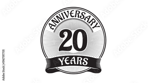 Anniversary badge with '20 YEARS' text and radiating lines in a vintage style, celebrating two decades of achievement and milestone.