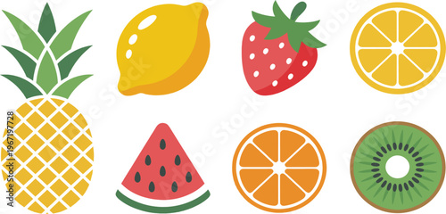 Pineapple, lemon, strawberry, and sliced citrus fruits are arranged in a colorful two-row display against a white background for graphic design.