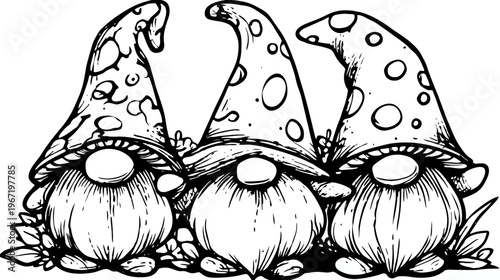 Three whimsical gnome characters with patterned hats and full beards in a line