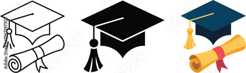 Graduation hat with diploma icon set, vector illustration of student cap and academic degree certificate representing college school and university graduation ceremony concept.