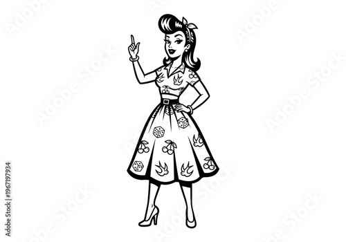 Vintage Pin Up Girl with Finger Pointing Upwards in Retro Style.