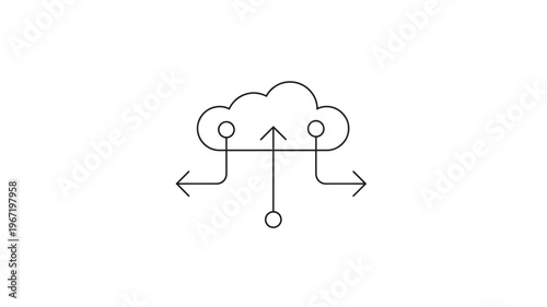 Cloud data flow icon with three directional arrows showing upload and horizontal transfer for networking and information sharing concepts.