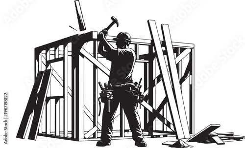 Construction worker building wooden frame with hammer