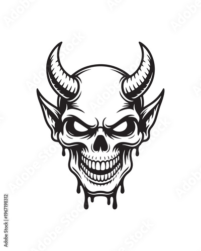 A detailed black and white illustration featuring a menacing horned devil skull with sharp fangs