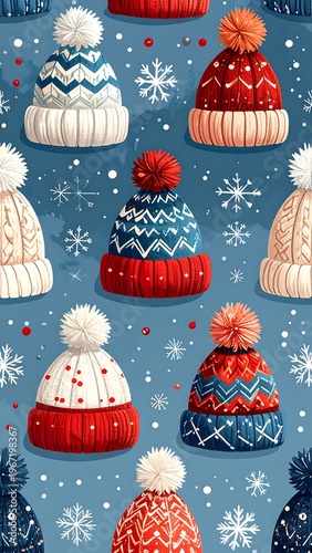 Vertical repeating pattern of colorful knitted winter hats against a blue background