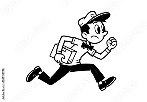 Cartoon delivery man running fast with package.