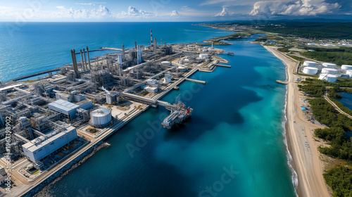 Aerial view of coastal oil refinery and storage tanks with industrial port and ocean