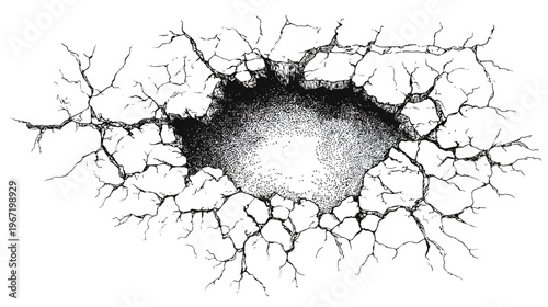 Cracked surface with hole illustration black and white damage graphic