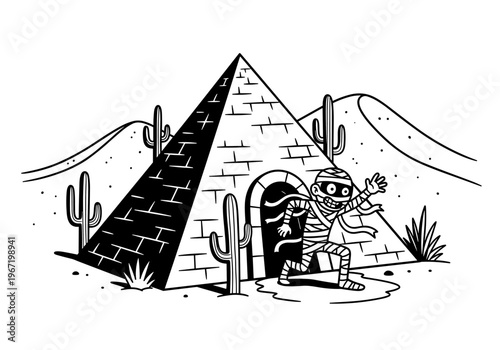 Mummy emerging from pyramid in desert landscape.