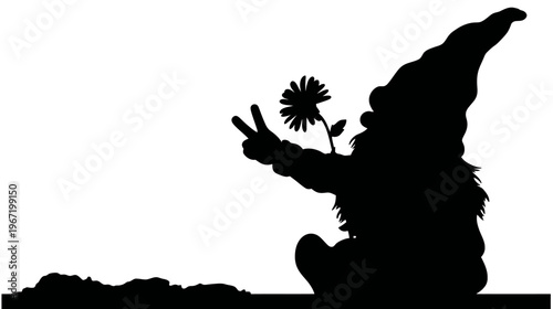 Silhouette of a garden gnome holding a flower and gesturing peace
