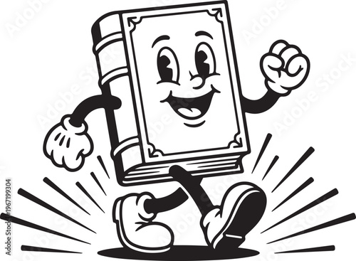 Happy anthropomorphic book character with smiling face, running with energetic lines, literature lover, reading is fun