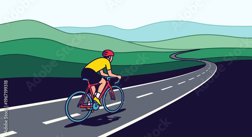 Cyclist riding on winding road through green hills