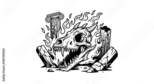 Scary Dragon Skull Surrounded by Flames and Ancient Ruins.
