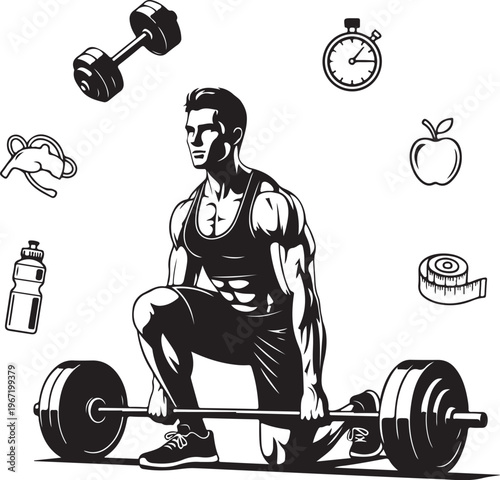 Muscular man lifting weights surrounded by fitness