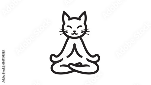 Cat meditating in a yoga pose with closed eyes and a serene expression, illustrated with simple black outlines on a white background.