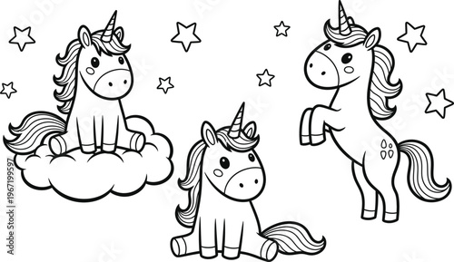 Three cartoon unicorns with stars and cloud, fantasy illustration