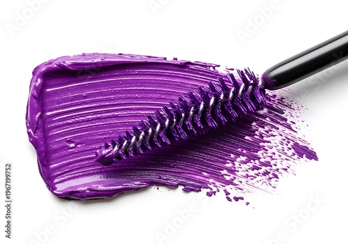 Vibrant Purple Mascara Swatch with Brush on White Background.