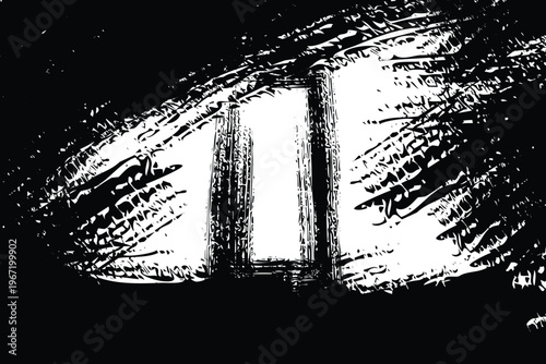 Grungy hand-drawn ink sketch of a doorway, dark moody portal with dramatic lighting, abstract black and white architectural entrance vector