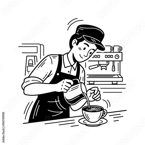 Barista making coffee with latte art in a cafe.