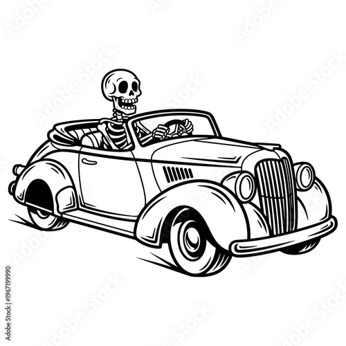Skeleton driving vintage convertible car in a classic hot rod style.